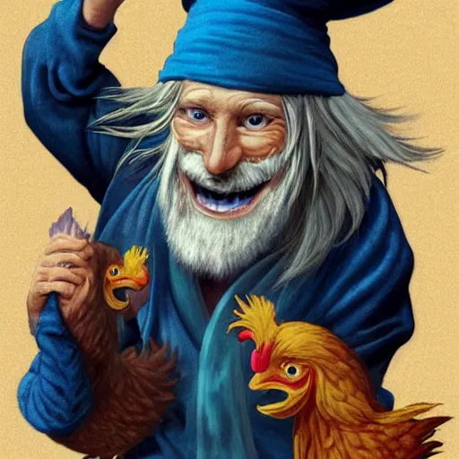 Prompt: concept art character design portrait of skinny and old wizard with a goofy smile with a very long white beard and a wizard hat holding a pet chicken, wearing a blue robe, dungeons and dragons, by Larry Elmore and John Howe and Alan Lee, trending on ArtStation, detailed, realistic