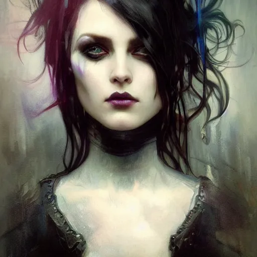 Prompt: dark goth queen by jeremy mann and alphonse mucha, fantasy art, photo realistic, dynamic lighting, artstation, poster, volumetric lighting, very detailed faces, blue eyes, 4 k, award winning dark, goth, queen, dark fantasy, hyperrealistic portrait, art of elysium, full figure, very detailed face, 4 k, award winning,