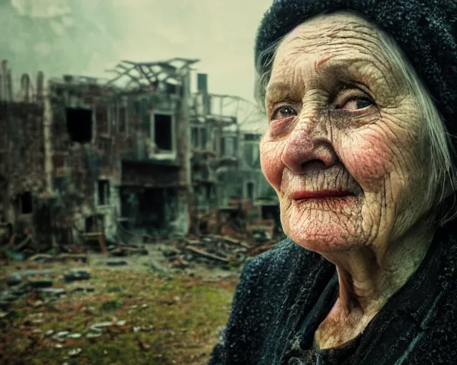 Prompt: close up portrait of an old woman with sinister face and dirty clothes standing outside of an abandoned city ruins, city ruins in the background, bokeh, depth of field, dramatic lighting, cinematic, vivid colors, matte painting, digital painting style, John Atkinson Grimshaw color scheme