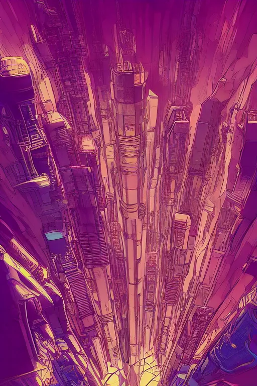 Image similar to astronaut cyberpunk surreal upside down city, neon lights, flat colors, cell shaded by moebius, Jean Giraud, trending on artstation