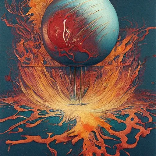 Image similar to a sphere being devoured by abstract splatters of paint in the style of francis bacon, venus being engulfed in flames in the style of james jean, surreal, beksinski, high detailed