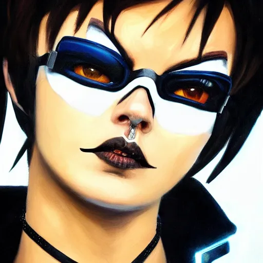 Image similar to oil painting of punk tracer overwatch in a field wearing very large black leather belt choker collar around neck, in style of mark arian, expressive face, very detailed face, very detailed eyes, full body, feminine face, detailed makeup on eyes, tracer overwatch,