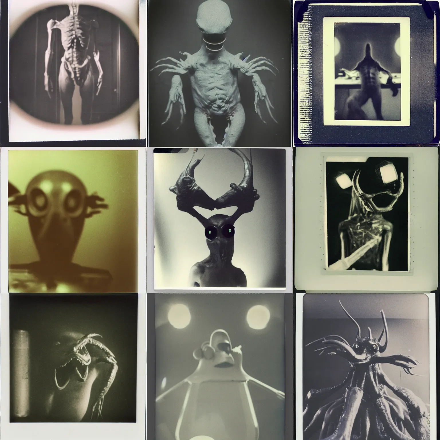 Prompt: vintage polaroid of a nightmarish mutated creature in a science lab, studio lighting, 4 k photo by chris cunningham
