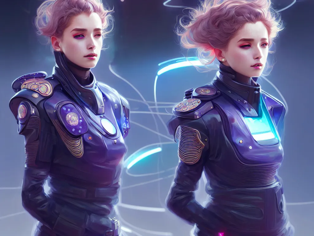 Prompt: portrait futuristic mercury police uniform female, at future neon light rooftop, ssci - fi and fantasy, intricate and very very beautiful and elegant, highly detailed, digital painting, artstation, concept art, smooth and sharp focus, illustration, art by tan zi and ayanamikodon and alphonse mucha and wlop