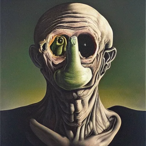 Image similar to Oil painting with black background by Christian Rex Van Minnen Robert Williams Salvador Dali of a portrait of an extremely bizarre disturbing mutated man with intense chiaroscuro lighting perfect composition