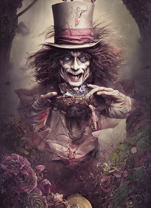 Image similar to mad hatter the magician tarot card, highly detailed, cinematic, 8 k, by stanley artgermm, tom bagshaw, greg rutkowski, carne griffiths, ayami kojima, beksinski, giger, trending on deviantart, hyper detailed, horror, full of colour