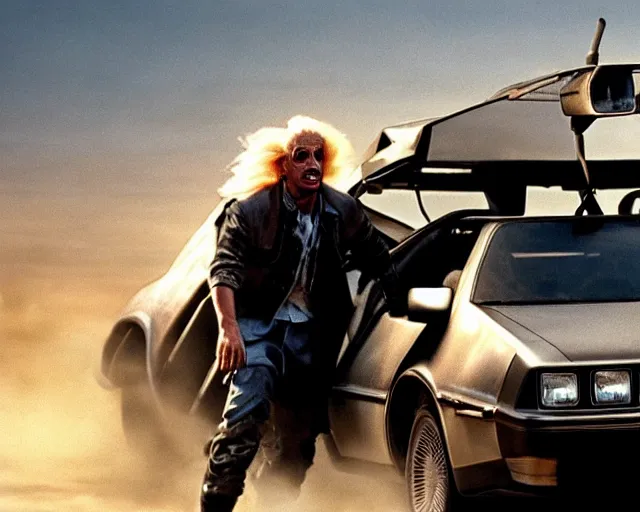 Image similar to doc brown and the delorean in a scene from a mad max movie