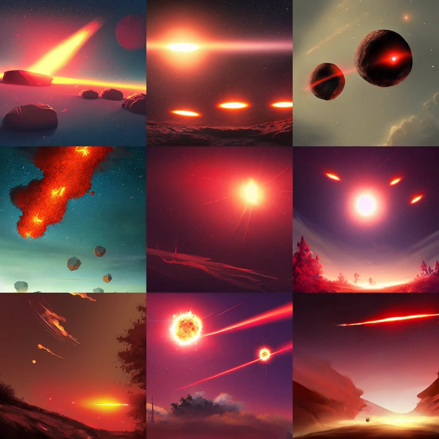 Prompt: three meteor fireballs fall down in the dark sky, at gentle dawn red light, artstation, concept art, smooth, sharp focus, illustration