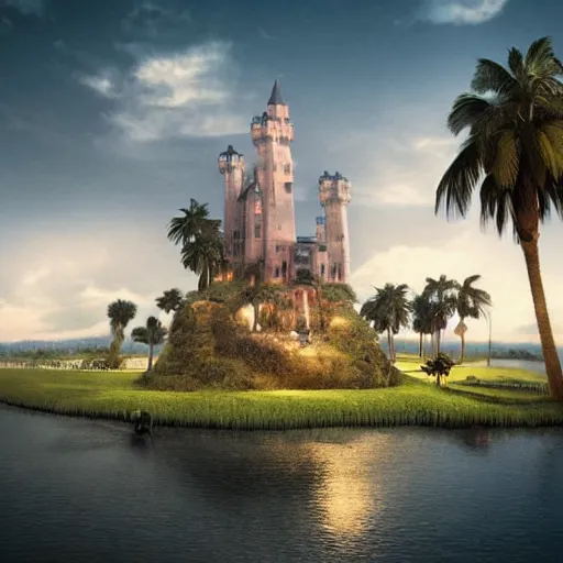 Image similar to a castle surrounded by giant palm trees on a giant floating island in the sky, giant light realistic light bulb glowing in the sky, cinematic, digital art by erik johansson, 8 k resolution, hyper detailed, sharp focus