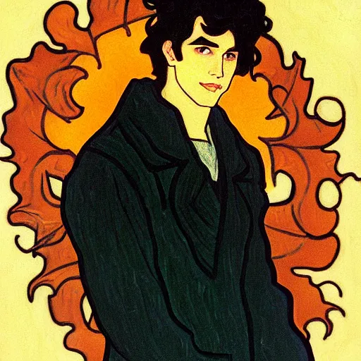 Image similar to painting of young cute handsome beautiful dark medium wavy hair man in his 2 0 s named shadow taehyung at the halloween pumpkin jack o'lantern party, melancholy, autumn colors, japan, elegant, clear, painting, stylized, delicate, soft facial features, delicate facial features, soft art, art by alphonse mucha, vincent van gogh, egon schiele