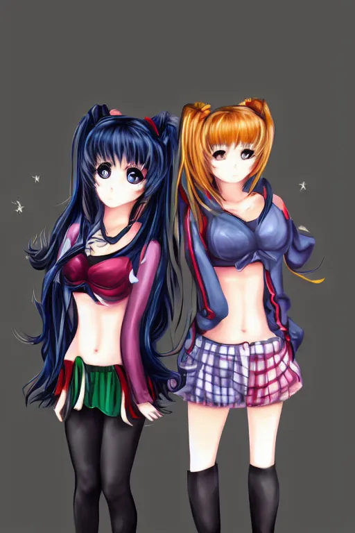 Prompt: two beautiful female idols with twintails standing chest to chest, dark background, digital art