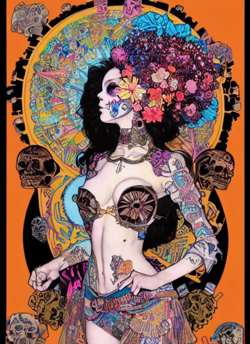 Image similar to cute punk goth fashion fractal Día de los Muertos tattooed astronaut girl posing, psychedelic poster art of by Victor Moscoso Rick Griffin Alphonse Mucha Gustav Klimt Ayami Kojima Amano Charlie Bowater, masterpiece