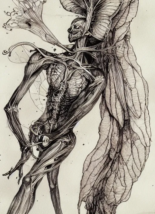 Prompt: Anatomical sketch of fairy anatomy, note the the margins, obsession, watercolor, extremely high detail, pen and ink, intricate line drawings, by Yoshitaka Amano, Ruan Jia, Kentaro Miura, Artgerm,