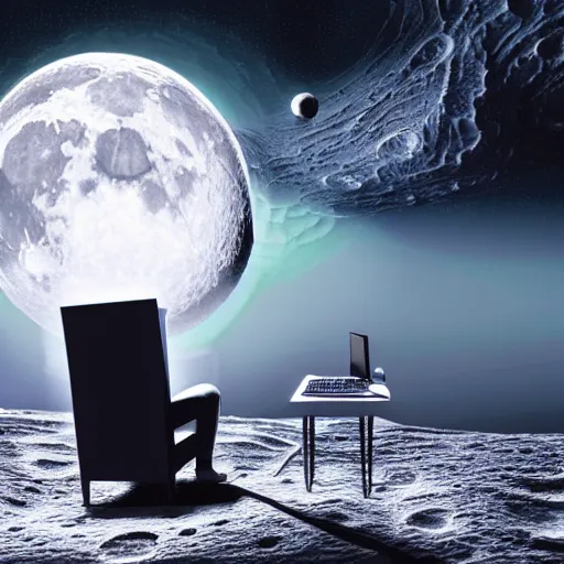 Prompt: 3 d, ultra realism, pencil art, extra detail, back of a man sitting on his chair with a desk and his futuristic laptop, on the moon, with the universe in the background