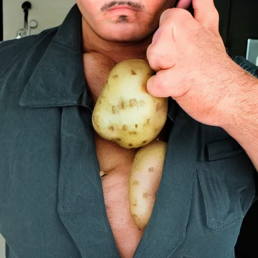 Image similar to a hybrid half man half potato getting ready for work