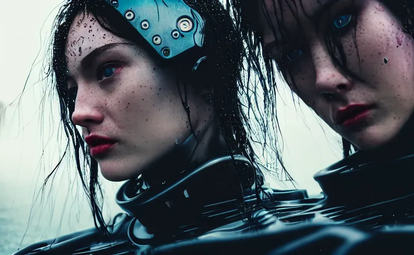 Image similar to cinestill 5 0 d candid action photographic portrait by quentin tarantino of two loving female androids wearing rugged black mesh techwear in treacherous waters, extreme closeup, modern cyberpunk retrofuturism moody emotional cinematic, pouring iridescent rain, 8 k, hd, high resolution, 3 5 mm, f / 3 2, motion blur, ultra realistic faces, ex machina