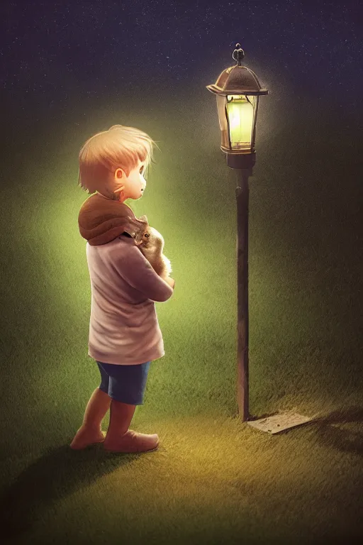 Image similar to a little boy carrying cat at night, lantern light besides, photorealistic face and skin tones, dreamy moonlit nightscape by the garden, lake house, smooth, matte colors, trending on artstation, 4 k, 8 k