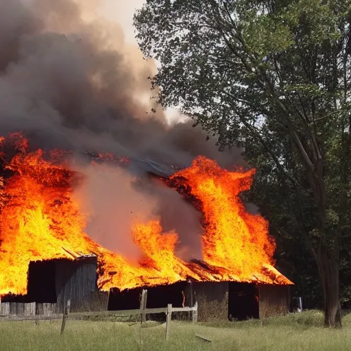 Image similar to a small barn engulfed in flames