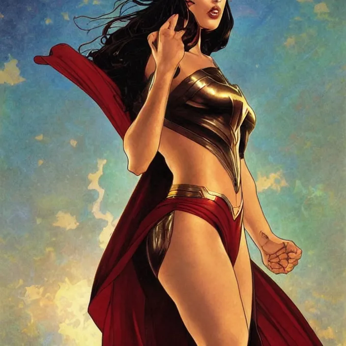 Prompt: megan fox as female superman shooting eye beams by artgerm, greg rutkowski, alphonse mucha