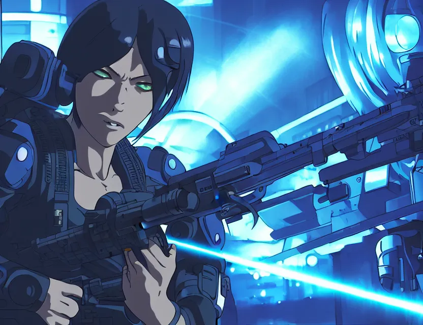 Prompt: action scene, female cyberpunk soldier shooting laser at a large tank, symmetrical faces and eyes symmetrical body, Ghost in the Shell, Madhouse anime studios Black Lagoon Perfect Blue, Jormungand anime, studio lighting, bright colors, beautiful, 35mm lens, vibrant, high contrast