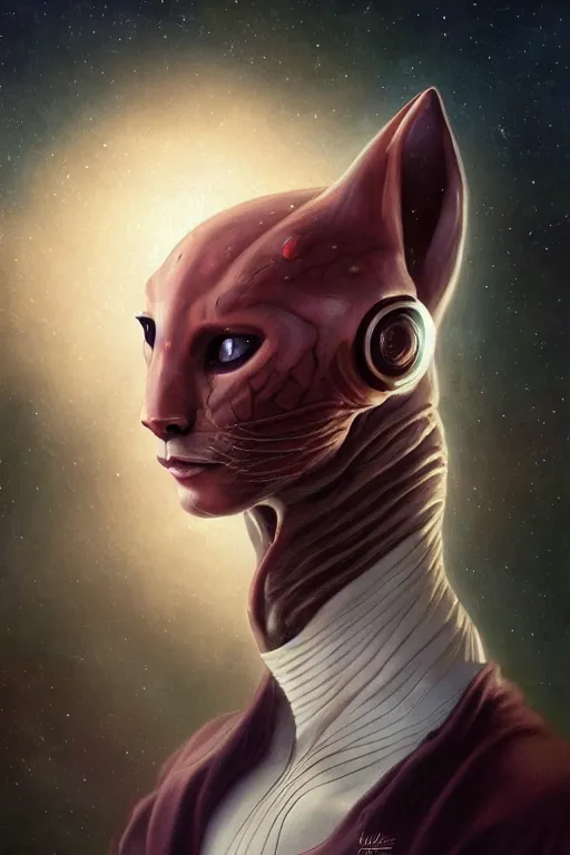 Prompt: portrait of an elegant alien cat man king, straight on portrait, by artgerm, tom bagshaw, gerald brom, vaporwave colors, lo - fi colors, vaporwave, lo - fi, moody vibe, goth vibe, full body,