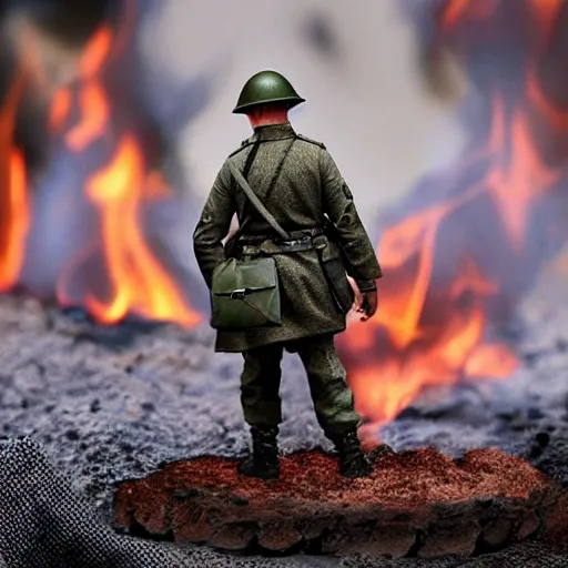 Prompt: 1/35 scale figurine of german ww2 soldier set on fire, burning plastic, scale model photography, 8k, hyper realistic