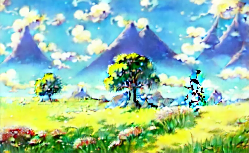 Image similar to fantastic anime sunny meadow with flowers, lone old Oak in the middle plane and mountains on the background, by Hayao Miyazaki, Nausicaa, Ghibli, Breath of the wild, Anime wallpaper