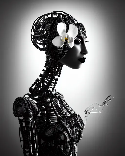 Image similar to surreal mythical dreamy dark artistic black and white fine art 3 / 4 fashion portrait photo of a young beautiful delicate female robot with orchid - owl face, rim light, cinematic, studio dramatic light, poetic, masterpiece, octane render, 8 k, photo - realistic by hg giger and man ray