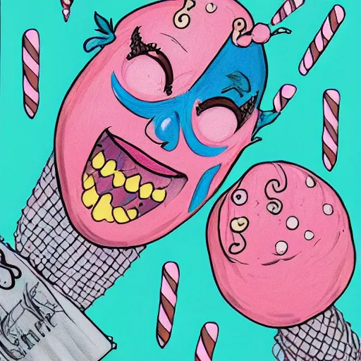 Image similar to laughing insane eyes mouth mask pink ice cream, blue waffle cone, jester themed, intricate concept art, thick line drawing, 1 9 8 3 action painted book cover art