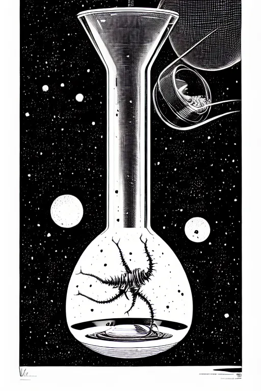 Prompt: an erlenmeyer flask with a caterpillar inside, bold line art, by vincent di fate and joe fenton, inking, etching, screen print, masterpiece, trending on artstation, sharp, high contrast, hyper - detailed, hd, 4 k, 8 k