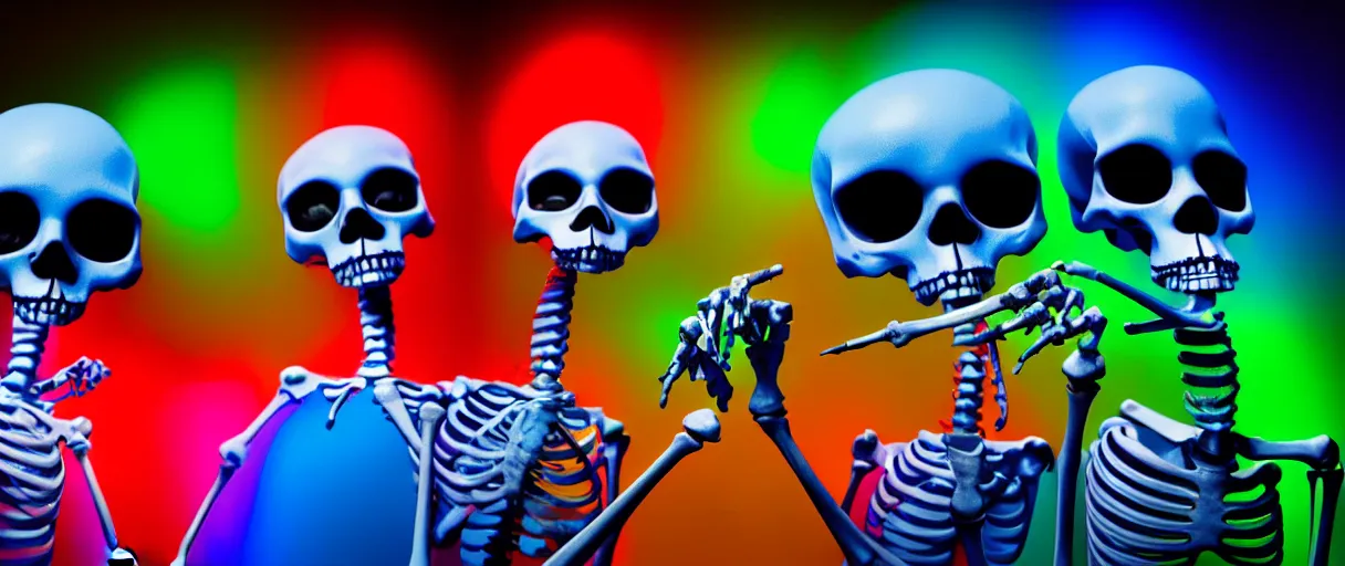 Prompt: hyperrealistic very cute multicolored skeletons mixing bones jason limon concept art dramatic blue lighting wide angle hd 8k sharp shallow depth of field