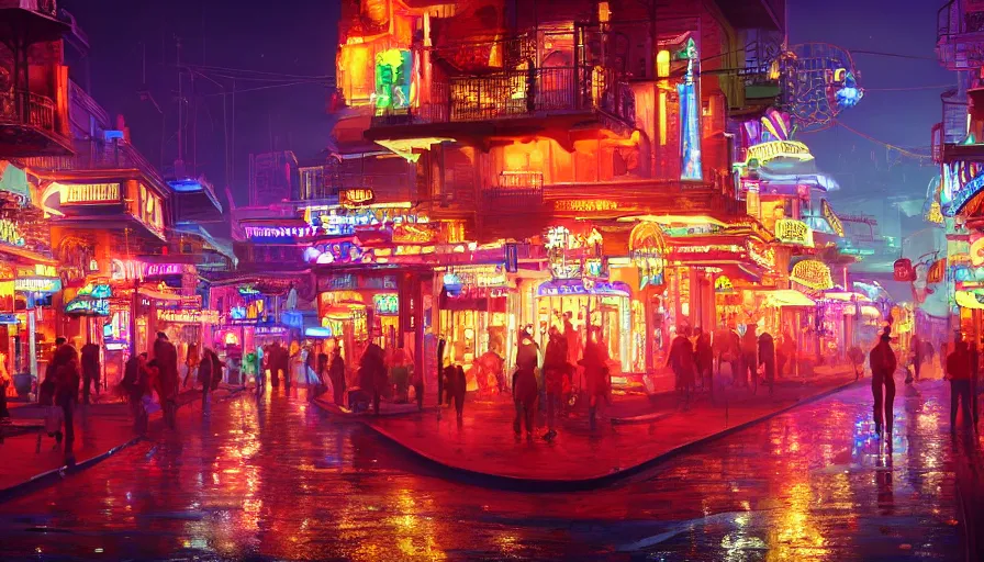 Image similar to futuristic bourbon street with color lights at night, fanfare, hyperdetailed, artstation, cgsociety, 8 k