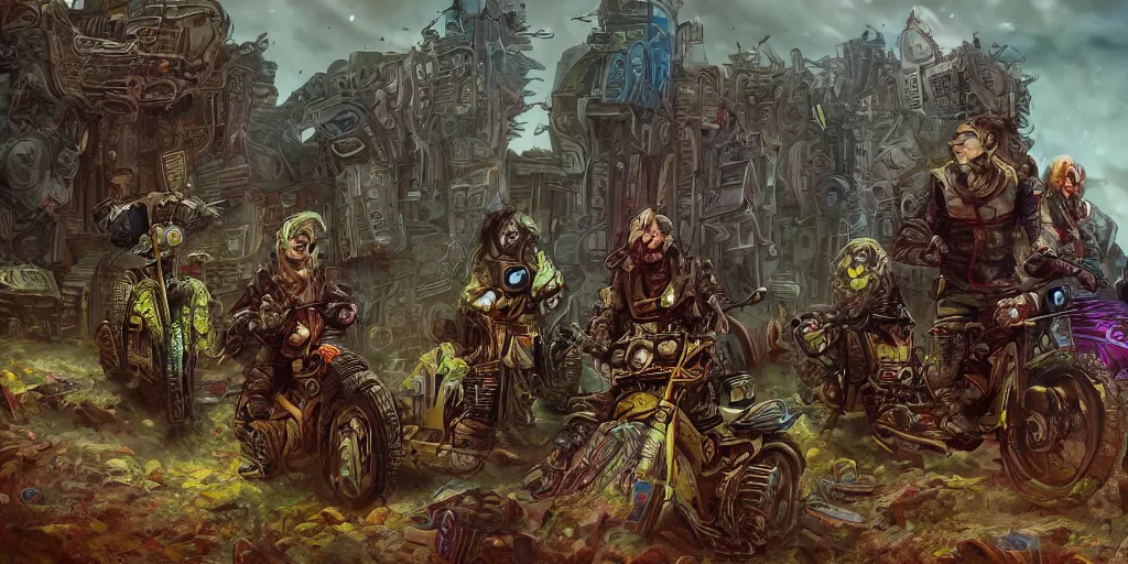 Prompt: psychedelic post apocalyptic orcish biker gang, scifi city ruins, sharp focus, psychedelic colors, artstation