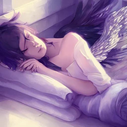 Prompt: a girl with wings sleeping in night,anime,artstation, very detailed