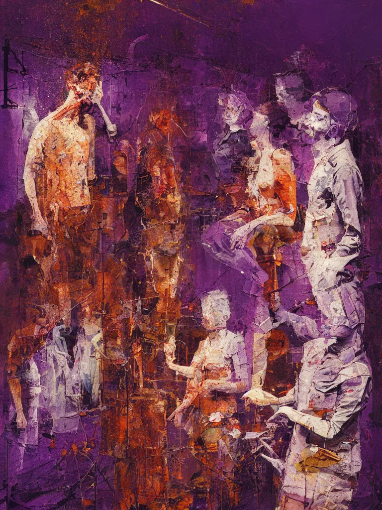 Image similar to a beautiful glitched painting by robert proch of people looking at an anatomy study of the human nervous system in a museum gallery, color bleeding, pixel sorting, copper oxide and rust materials, brushstrokes by jeremy mann, cold top lighting, textured palette knife pastel purple background