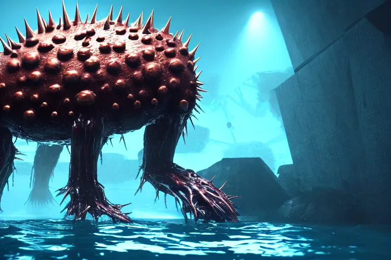 Image similar to huge bulky water creature made out of a humanoid nervous system with large meaty spikes all over the body, cinematic, volumetric lighting, f 8 aperture, cinematic eastman 5 3 8 4 film, photorealistic