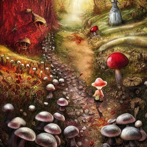 Prompt: Hell and heaven, captured in bottles, an elderly mushroom walking their pet snail, The Autumn Plague Gardener, the theme of Alice in Wonderland, digital painting, its softness partakes of fluidity, illustration, deep dark, artstation, intricate, biodiversity in a world of change and constancy, ue5, by deiv calviz and bossmonsterbani