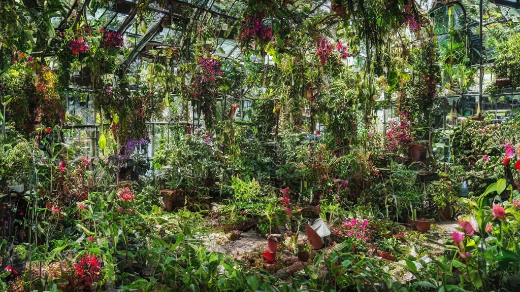 Image similar to exploring an abandoned overgrown greenhouse, becoming overgrown with plants with small colourful flowers, hyperrealistic, ambient lighting highly detailed, 4 k hd