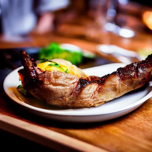 Prompt: a cooked human foot served at a fancy restaraunt on a fancy plate, gorgeous depth of field professional food photography