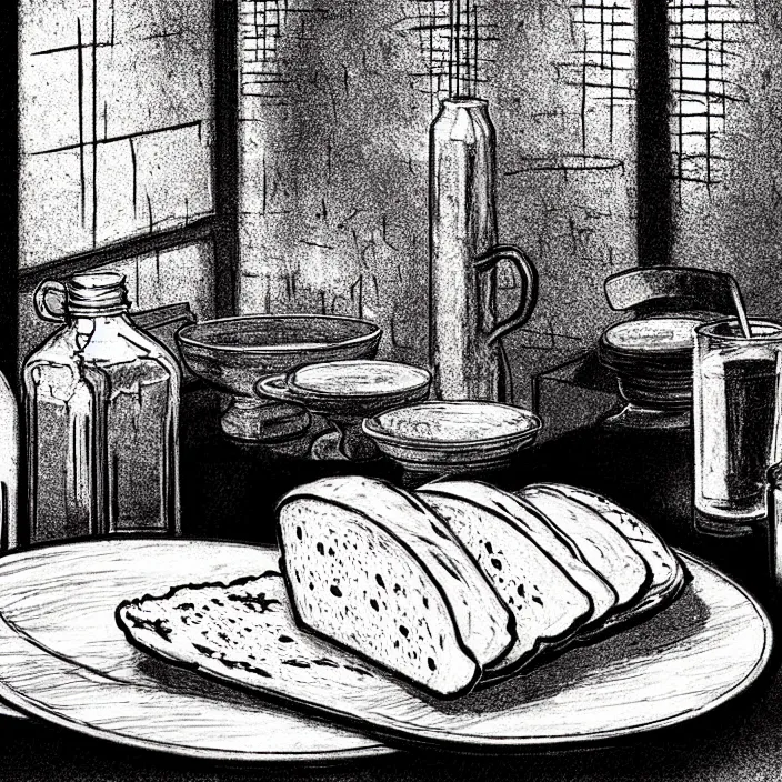 Prompt: extreme close - up on a table : poor quality bread, water, and gruel. background : black tiles on walls. black and white, pencil and ink. by gabriel hardman, joe alves, chris bonura. cinematic atmosphere, detailed and intricate, perfect anatomy
