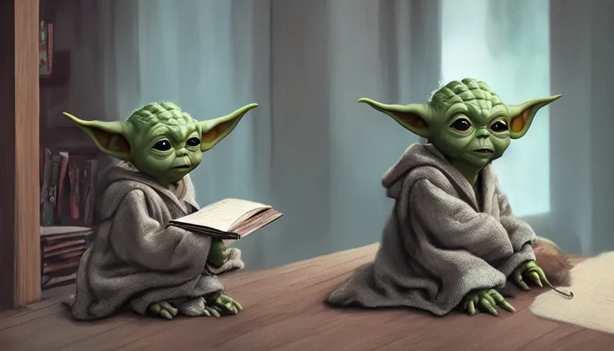 Image similar to baby yoda reading book near the fireplace in the chalet, hyperdetailed, artstation, cgsociety, 8 k