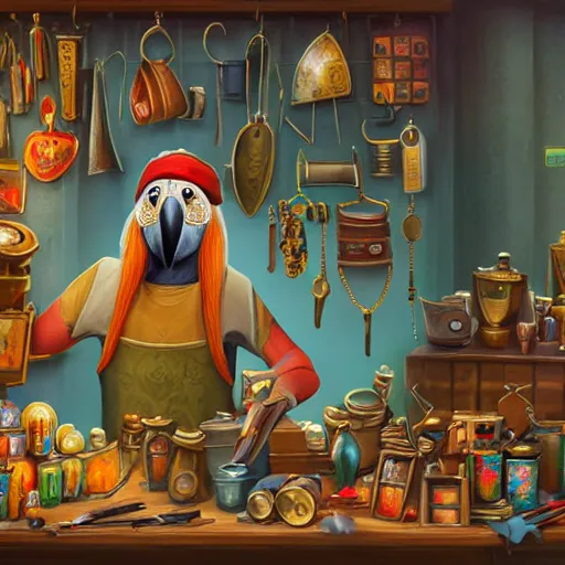 Image similar to Anthropomorphized parrot trader in his shop, selling his wares, portrait, items, gold, magic potions, carpet, window, sly expression , cunning expression, cute expression, long thick shiny gold beak, presenting wares, D&D, fantasy, cinematic lighting, highly detailed, digital painting, artstation, concept art, smooth, sharp focus, illustration, warm light, cozy warm tint, magic the gathering artwork, volumetric lighting, 8k, art by Akihiko Yoshida, Greg Rutkowski