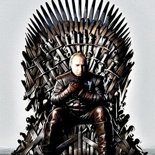 Image similar to “Putin sitting on the iron throne, 4k, award winning, Digital art, scene from game of thrones”