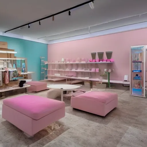 Prompt: An ultra high definition, professional photograph of an IKEA showroom located on a pastel pink beach ((with pastel pink, dimpled sand where every item is pastel pink. The sun can be seen rising through a window in the showroom.)) The showroom unit is outdoors and the floor is made of dimpled sand. Morning time indirect lighting with on location production lighting on the showroom. In the style of wallpaper magazine, Wes Anderson.