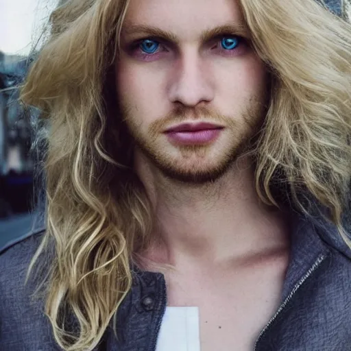 Prompt: a beautiful young man, blond, long hair, blue eyes, fair skin, in the middle of the city, detailed face and hair, hyper realistic