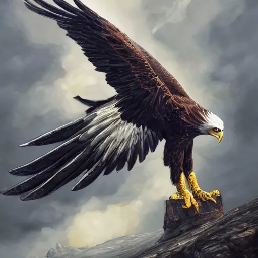 Image similar to A extremely detailed painting of a eagle with a fighterjet-helmet, standing bird, sharp claws, cloudy, midnight, smoke, ultra high detail digital art, trending on Artstation, unreal engine