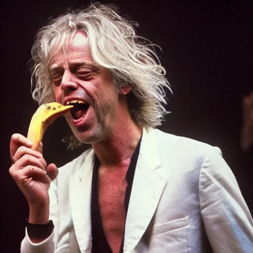 Image similar to bob geldof singing to a banana, concert photo