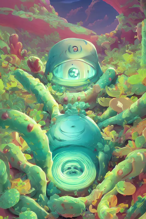 Image similar to roots cactus sushi cristal smurf ghost creature animal sushi cristal very big eye roots cactus elemental flush of force nature micro world fluo fishscale, behance hd by jesper ejsing, by rhads, makoto shinkai and lois van baarle, ilya kuvshinov, rossdraws radiating a glowing aura global illumination ray tracing hdr