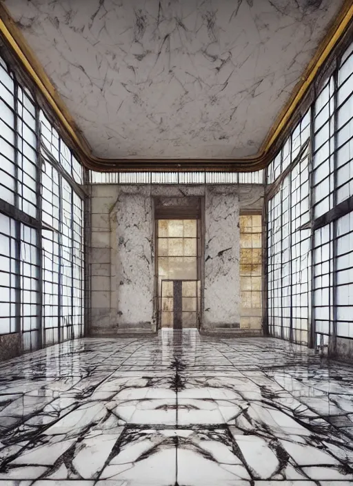 Image similar to “derelict architecture single building , marble flooring, building designed by architect Oscar Niemeyer, architecture digest, building surrounded in a luxury environment, bright tones, fluorescent lighting,volumetric Lighting, photorealism, high detail, golden ratio, cinematic, octane renderer”