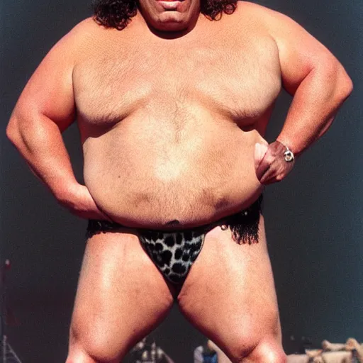 Prompt: andre the giant with two heads, in a leopard skin bikini